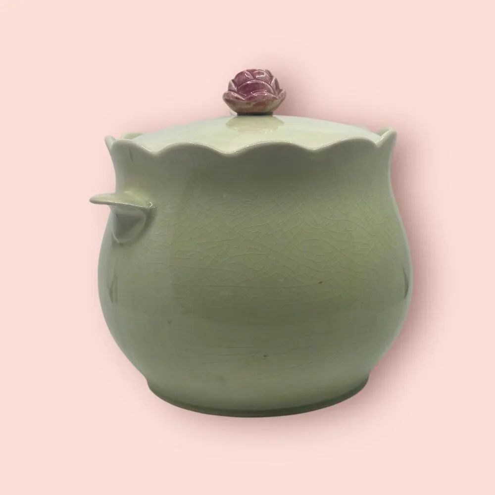 Vintage California Pottery Soup Tureen with a Lid & Ladle Pale Green Crazing USA